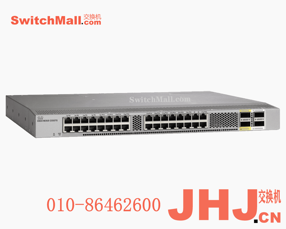 N2K-C2332TQ   Cisco Nexus 2332TQ 10G BASE T Fabric Extender, 2PS, 3 Fan Module, 32x100M/1/10GT (RJ45) + 4x40G QSFP+(req QSFP+), choice of airflow and power supply.